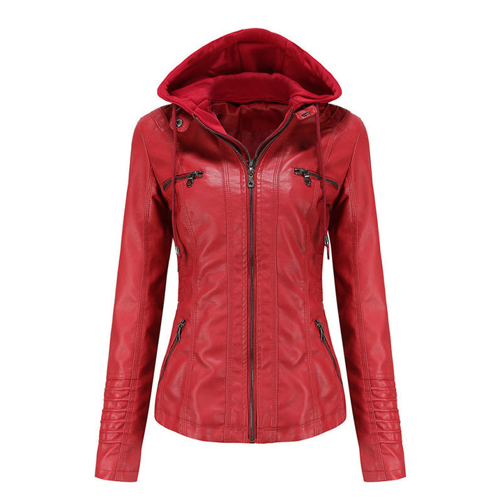 Women Tailored Faux Leather Jacket with Removable Hood and Zip