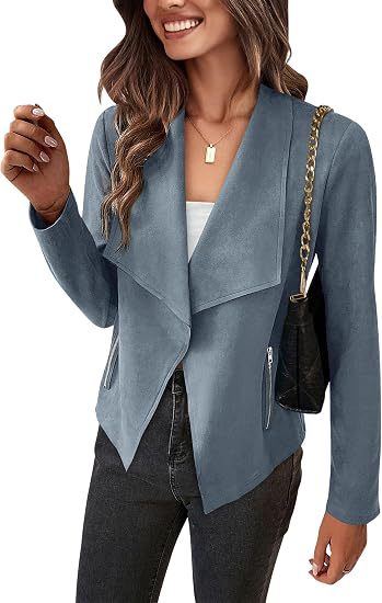 Women Faux Suede Waterfall Blazer with Asymmetrical Hem and Zip Pockets