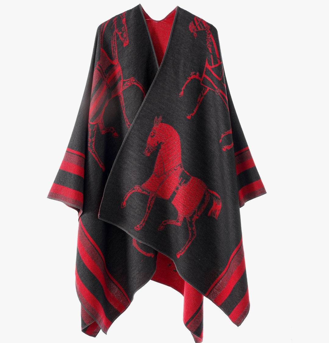 Women Jacquard Poncho Wrap with Horse Motif and Boxy Kimono Silhouette