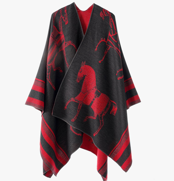 Women Jacquard Poncho Wrap with Horse Motif and Boxy Kimono Silhouette