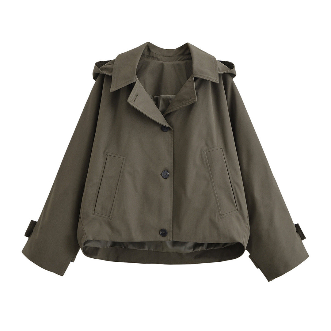 Women Short Oversized Trench Coat with Lapel Collar and Epaulettes