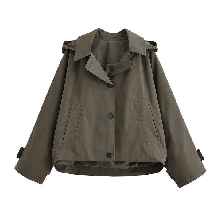 Women Short Oversized Trench Coat with Lapel Collar and Epaulettes