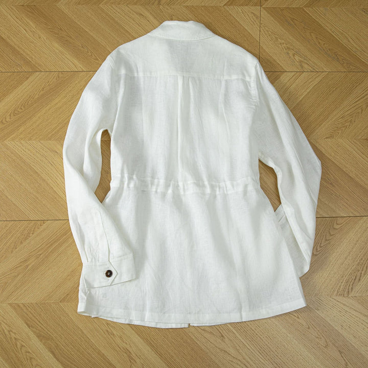 Ladies utility jacket made of linen blend with drawstring, patch pockets and shirt collar