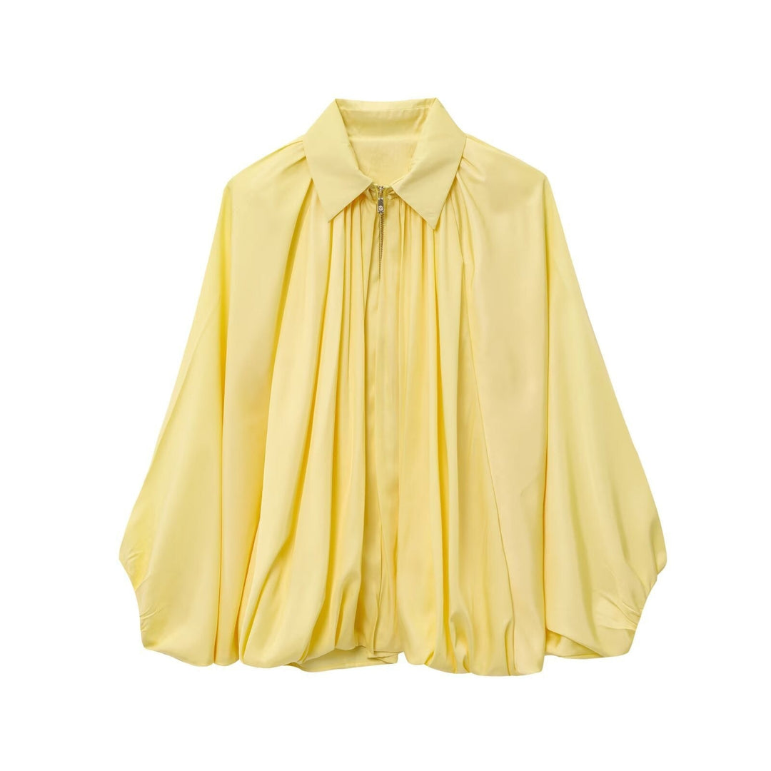 Women Wide Pleated Cape Transitional Jacket with Zip and Balloon-Shaped Hem