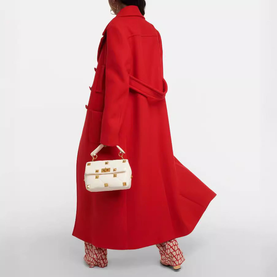 Women floor-length double-breasted wool-cashmere coat with wide lapels