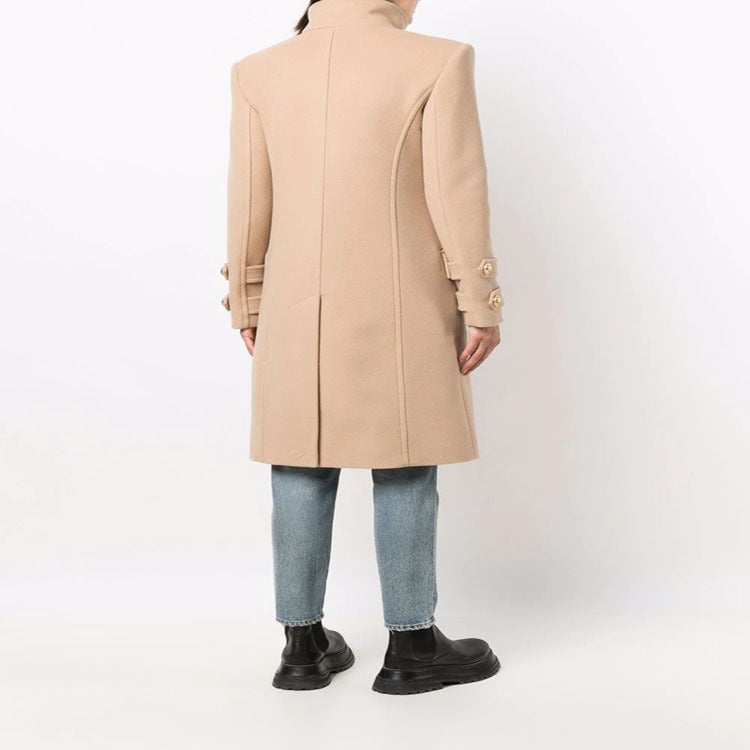 Ladies Elegant Wool Blend Long Coat in Marine Inspired Double Breasted with Oversized Shawl Collar and Decorative Sleeves