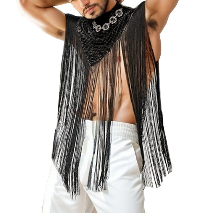 Ladies long fringed cape with turtleneck and V-shaped insert