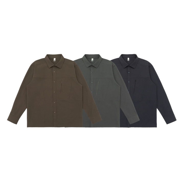 Unisex Oversized Shirt Jacket in Utility Style with concealed snap button placket and diagonal zip pocket