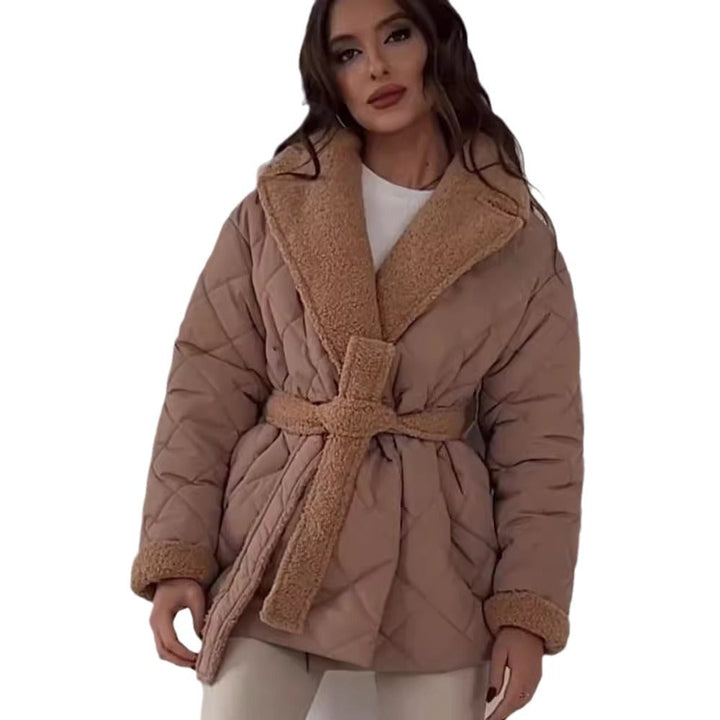 Women’s quilted jacket with teddy lining, fitted belt and large shawl collar
