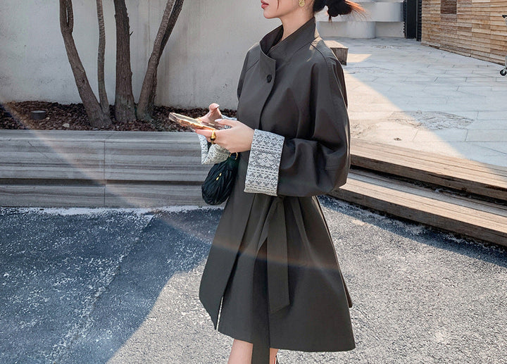 Women Elegant Trench Coat with Waist Belt and Contrast Sleeves