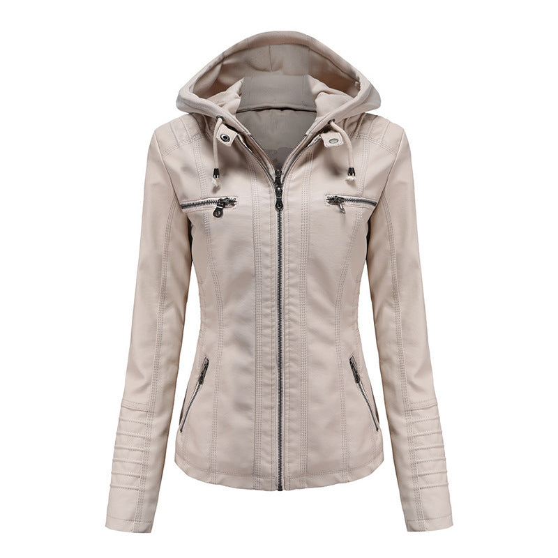Women Tailored Faux Leather Jacket with Removable Hood and Zip