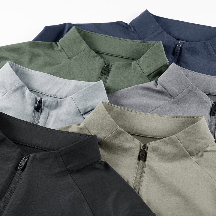 Men Long Sleeve Half-Zip Performance Sweater with Stand Collar and Technical Stretch