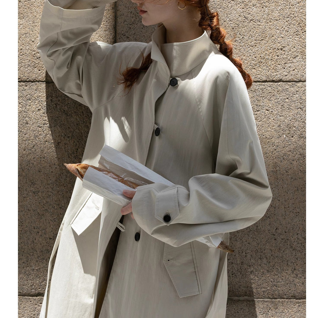 Women Lightweight Oversize Trench Coat with High Stand Collar, Adjustable Cuffs &amp; Tied Belt