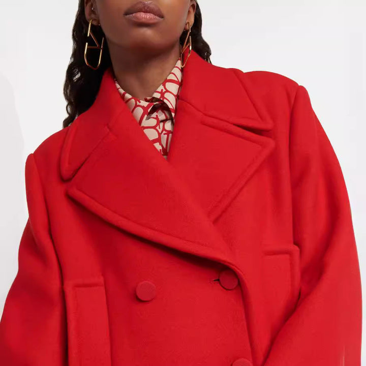 Women floor-length double-breasted wool-cashmere coat with wide lapels