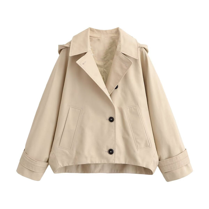Women Short Oversized Trench Coat with Lapel Collar and Epaulettes