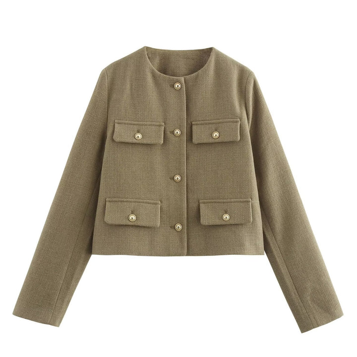 Women Short Boucle Blazer Jacket with Round Neck, Decorative Pocket Flaps, and Gold-Coloured Buttons