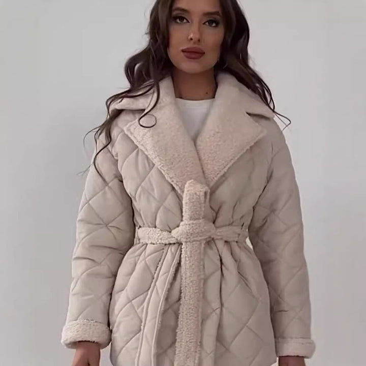 Women’s quilted jacket with teddy lining, fitted belt and large shawl collar