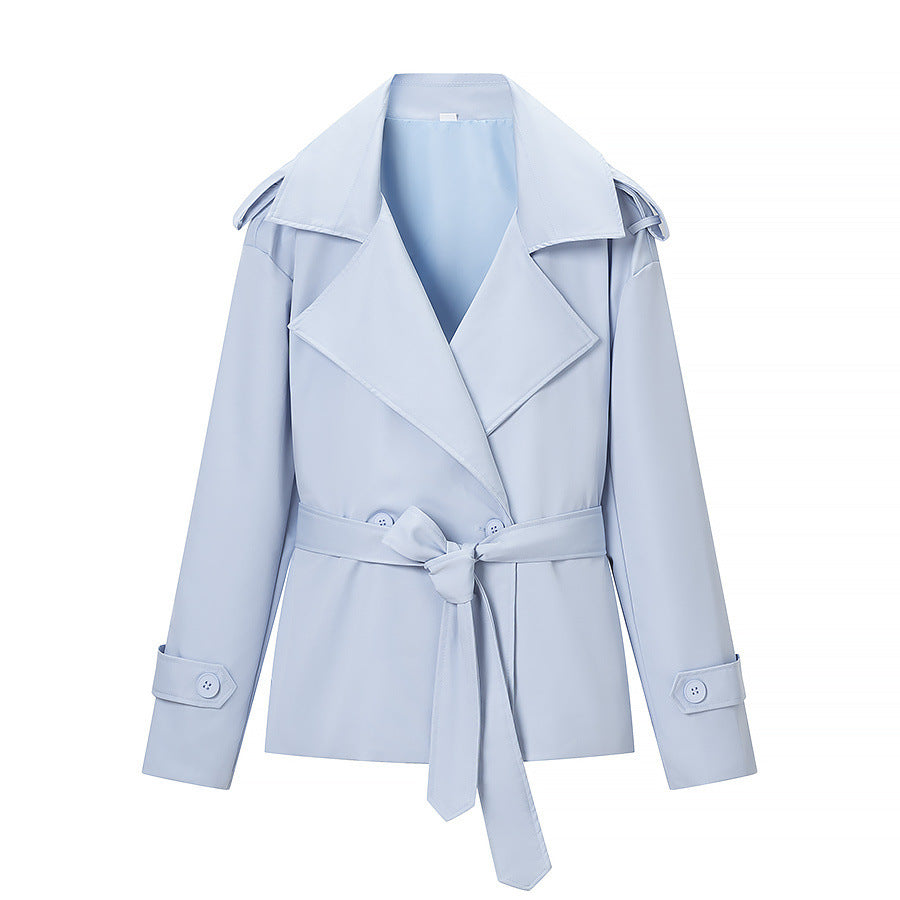 Women Tailored Short Trench Coat with Tie Belt and Epaulettes