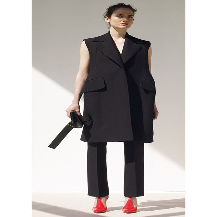 Women Sleeveless A-Line Long Vest in Oversized Tailoring with Shawl Collar
