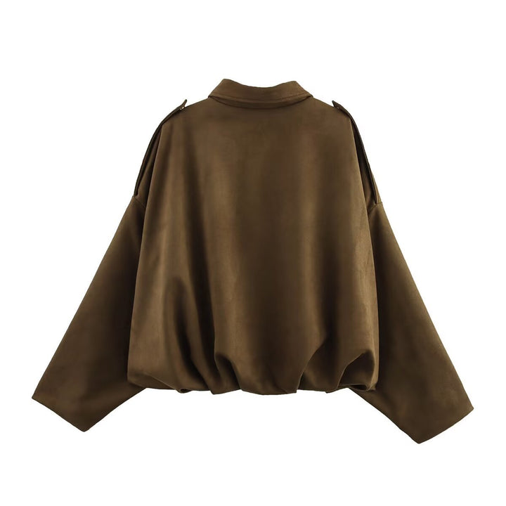 Women short cut oversized suede jacket with shoulder flaps and elastic hem
