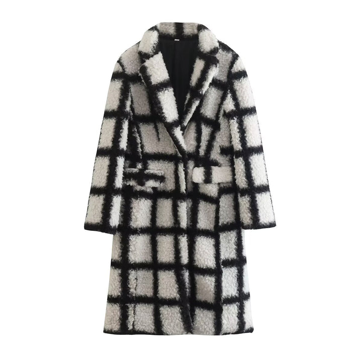 Ladies Long Checkered Teddy Coat with Revers Collar and Flap Pockets
