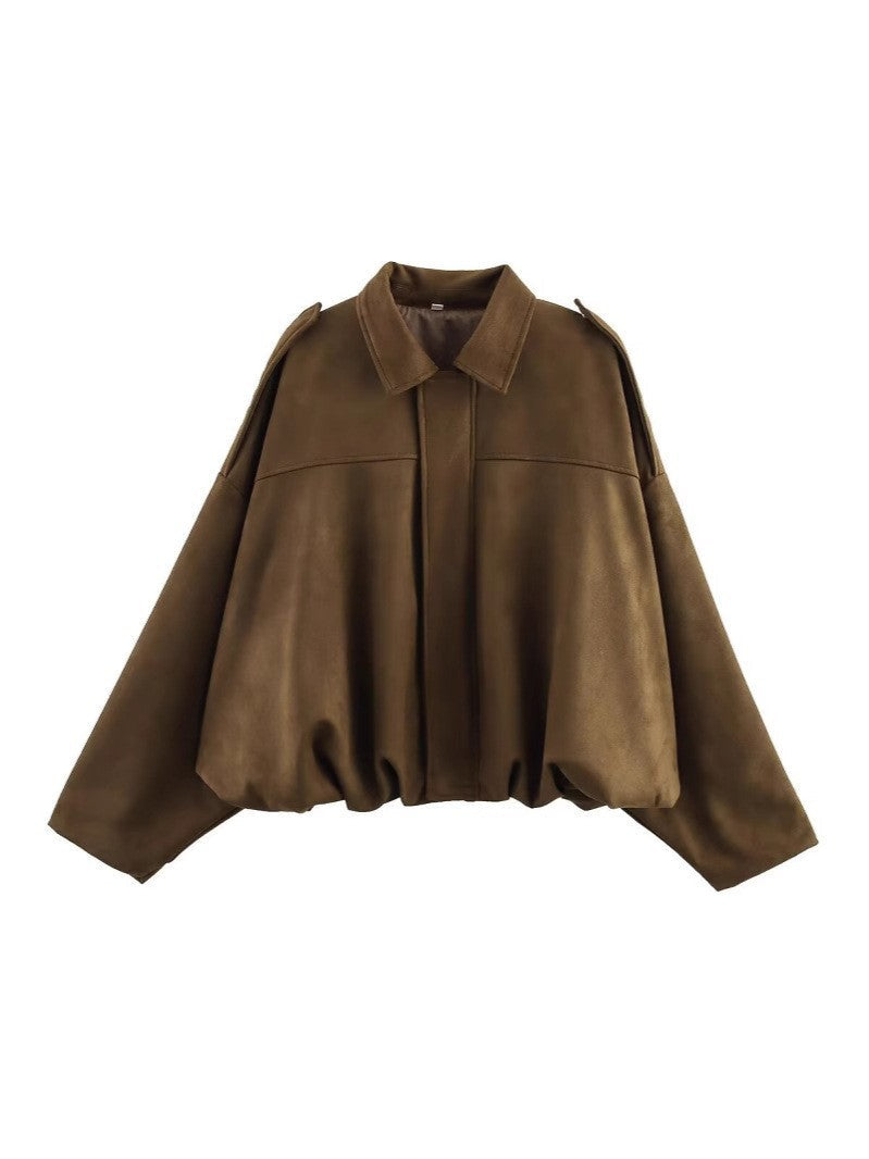 Women Cropped Oversized Blouson Jacket in Velour Look with Drawstring Hem and Epaulettes