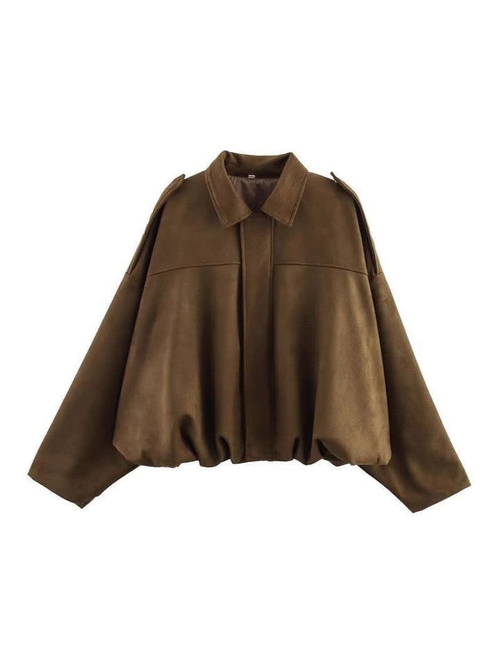 Women Cropped Oversized Blouson Jacket in Velour Look with Drawstring Hem and Epaulettes