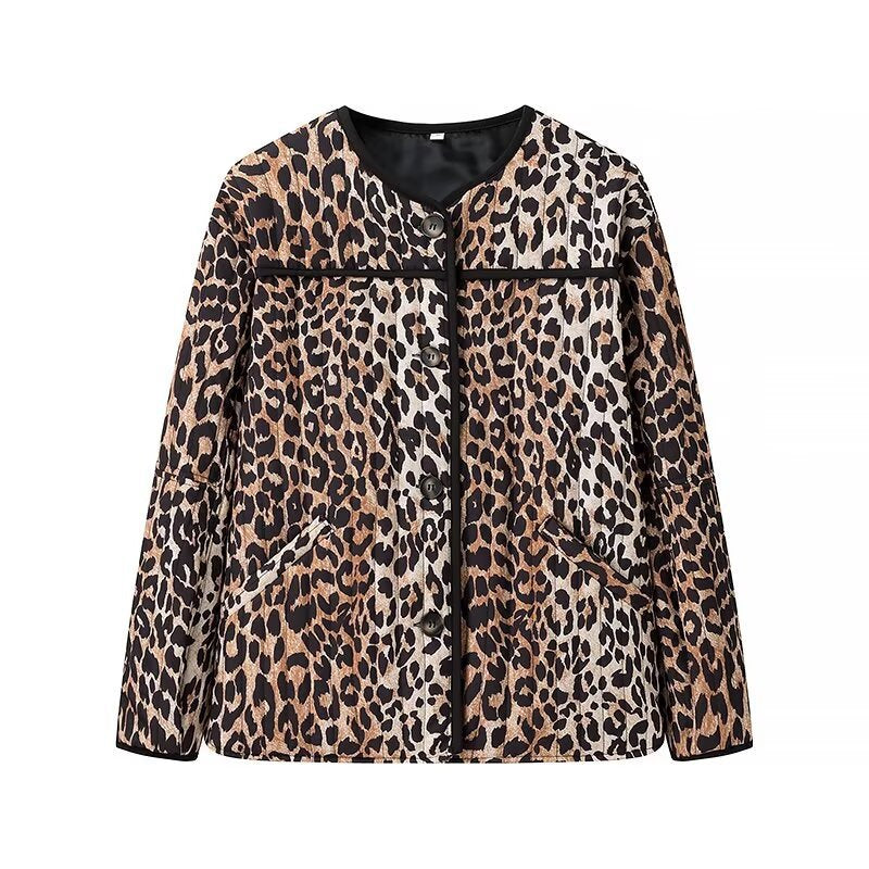 Women’s short jacket with all-over leopard print, round neckline and contrasting piping