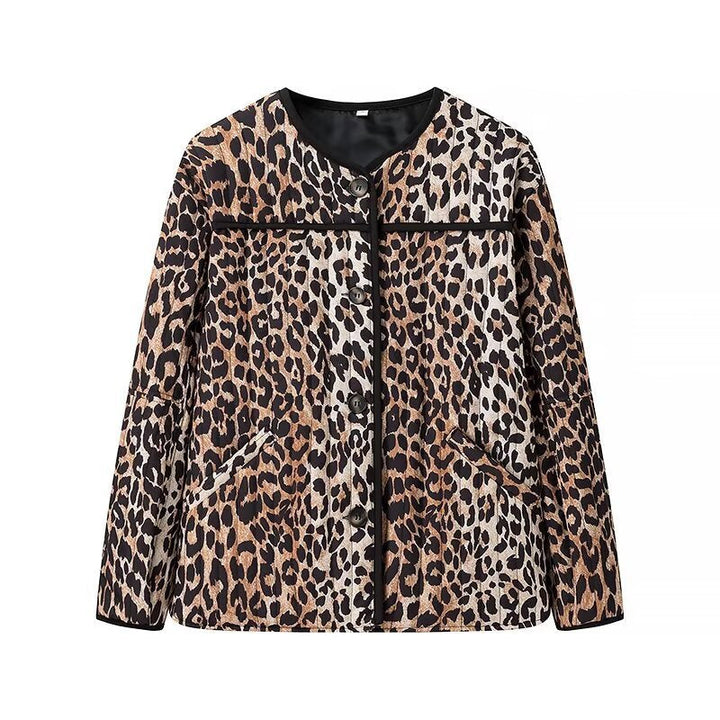 Women’s short jacket with all-over leopard print, round neckline and contrasting piping