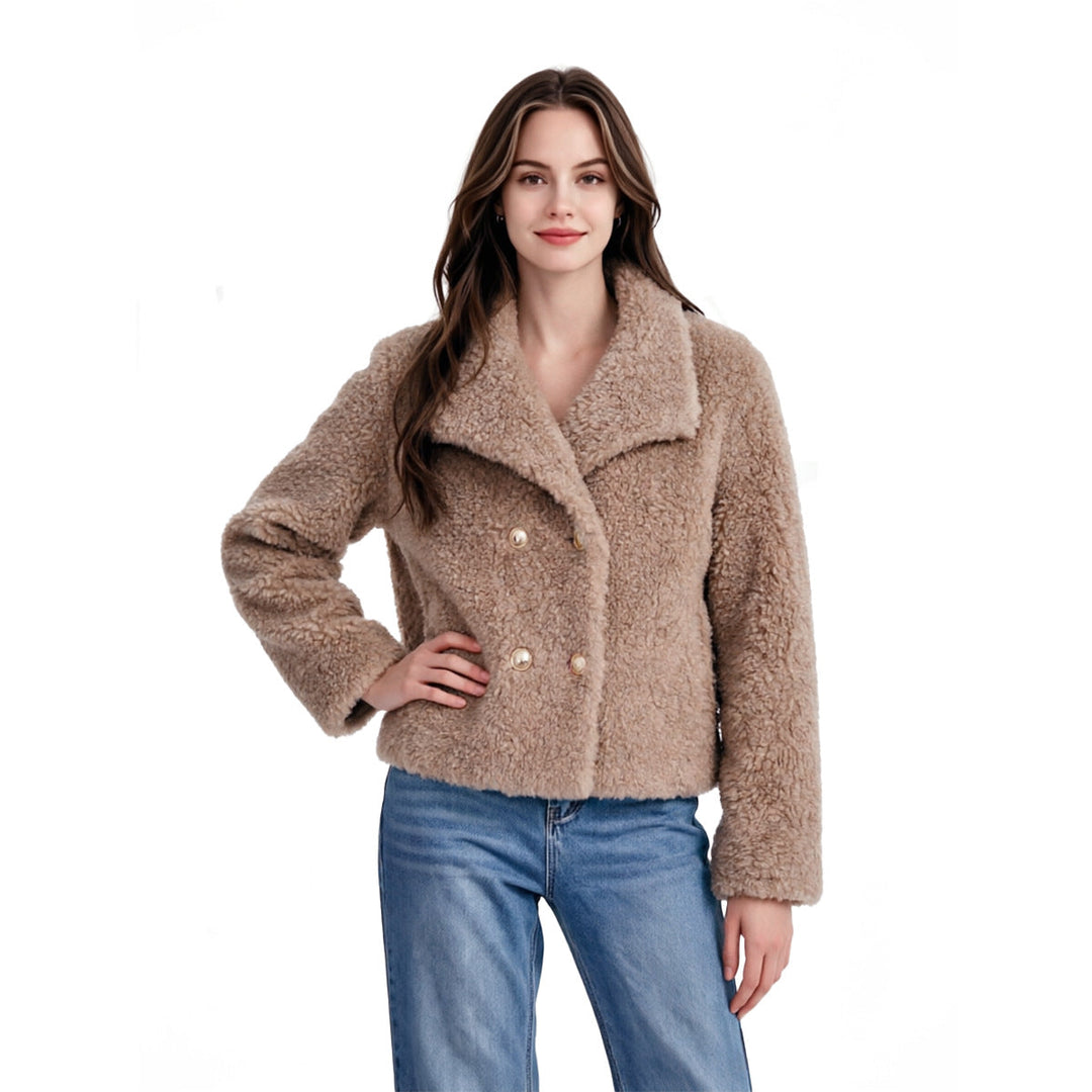 Women Short Cut Teddy Fur Jacket with Double Button Placket