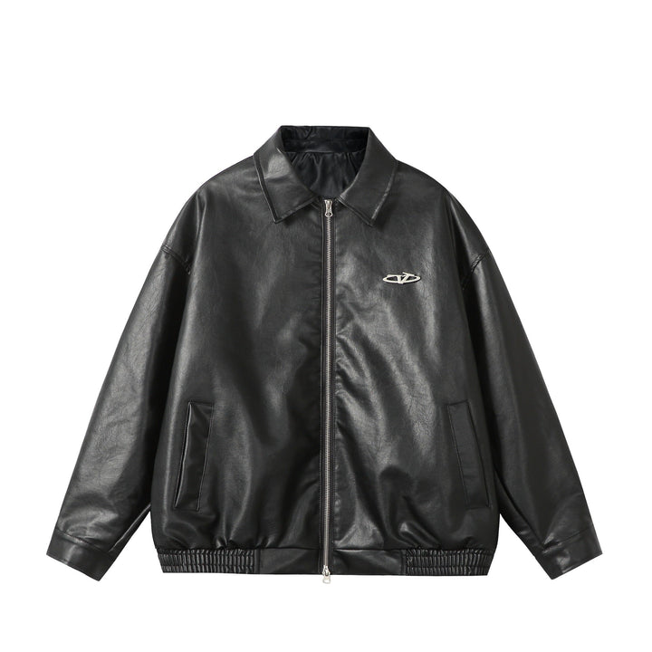 Ladies Oversize Smooth Leather Look Blouson Jacket with Elastic Hem and Metal Logo