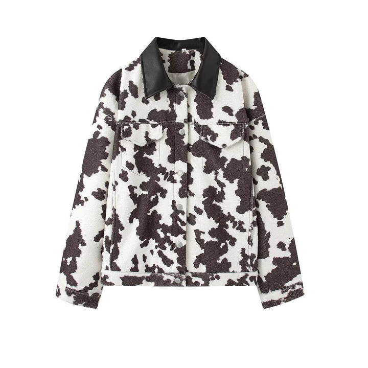 Women’s Short Jacket in Trucker Style with Cow Spot Pattern and Faux Leather Collar