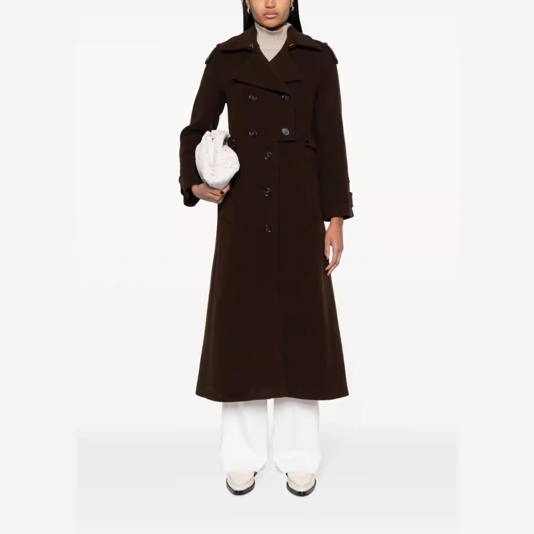 Women Floor-Length Double-Breasted Trench Coat made of Wool Blend with Shoulder Patches and Concealed Waist Belt