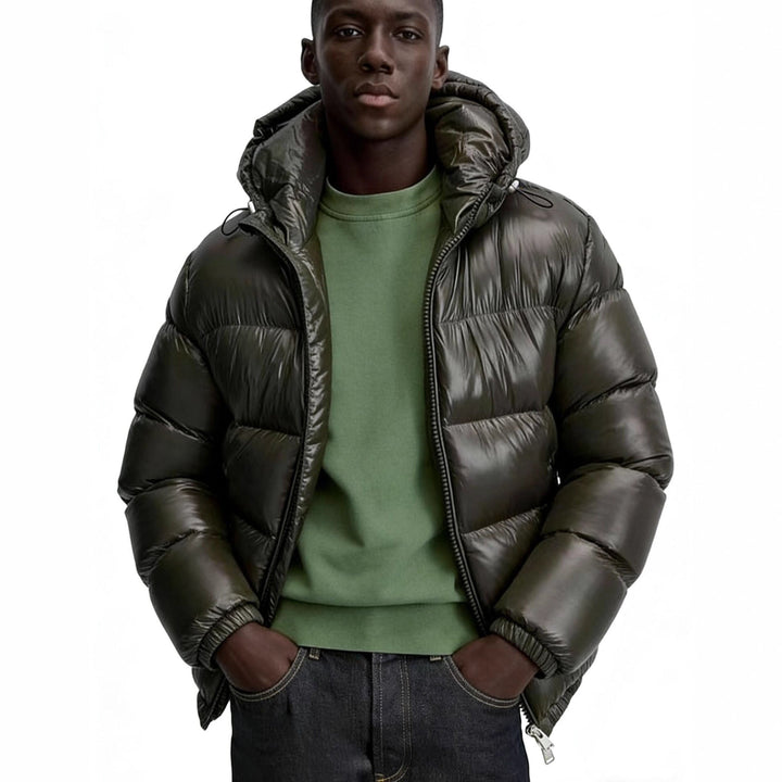 Women Oversized Quilted Jacket with Hood and Glossy Finish