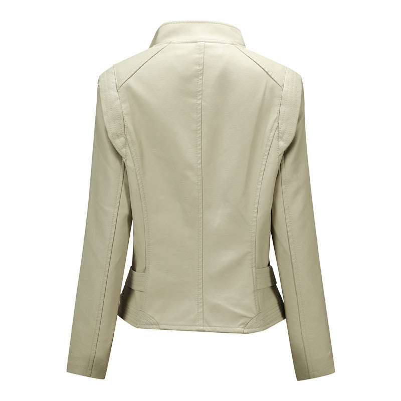 Women fitted biker jacket made of faux leather with asymmetrical zip and fitted cut