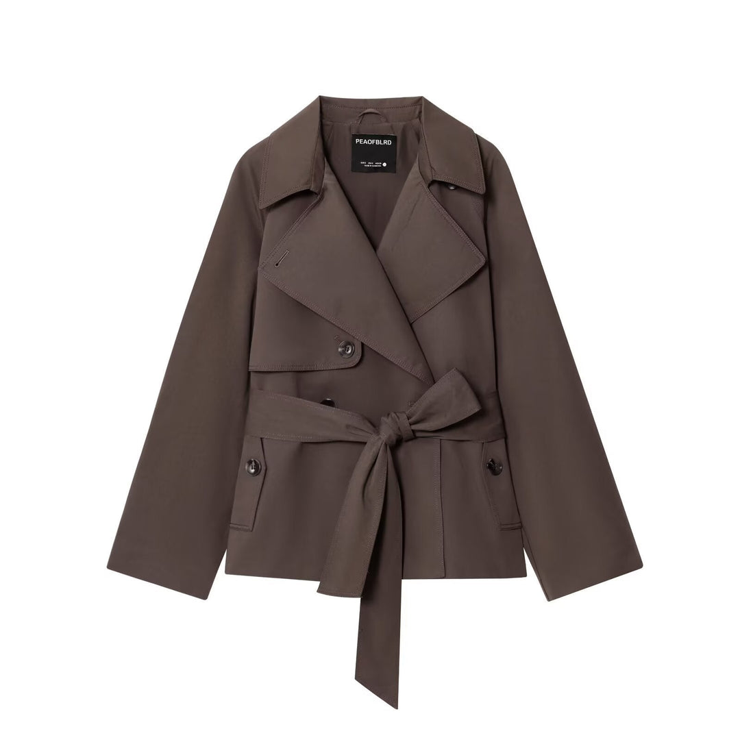 Women Cropped Waist Belt Trench Coat with Wide Lapels and Flap Pockets