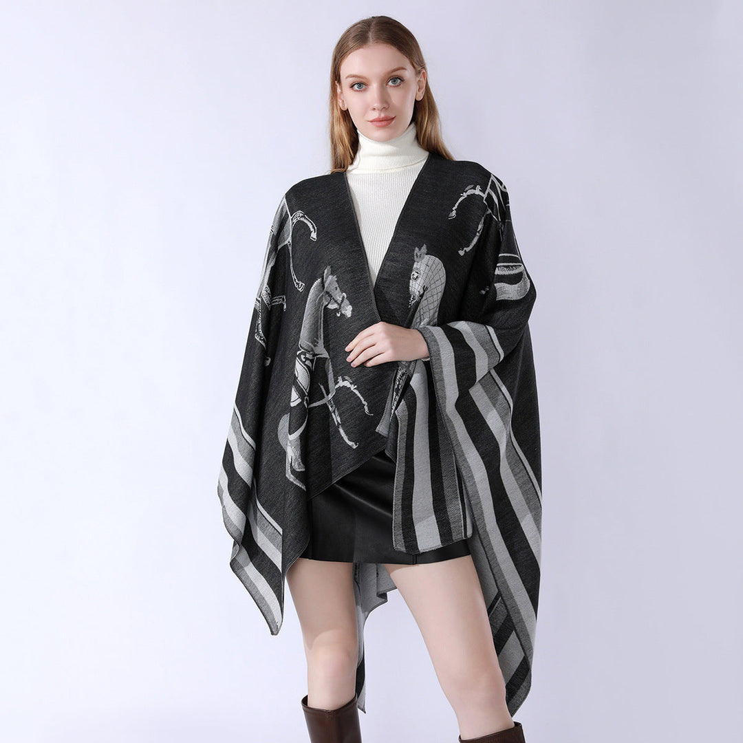 Women Jacquard Poncho Wrap with Horse Motif and Boxy Kimono Silhouette