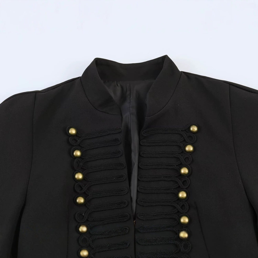 Women military-inspired cropped jacket with stand collar and decorative button detail
