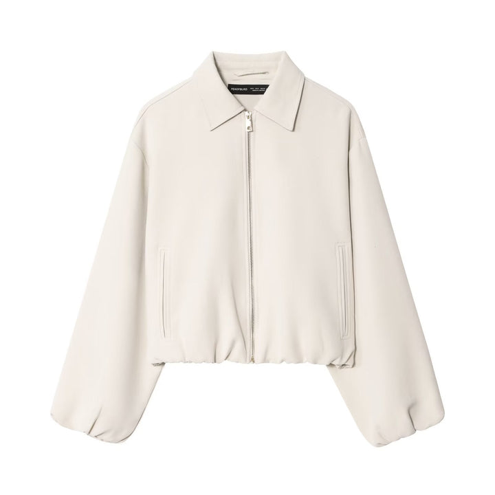 Women short jacket made of vegan leather with Kent collar, full-length zip and gathered hem