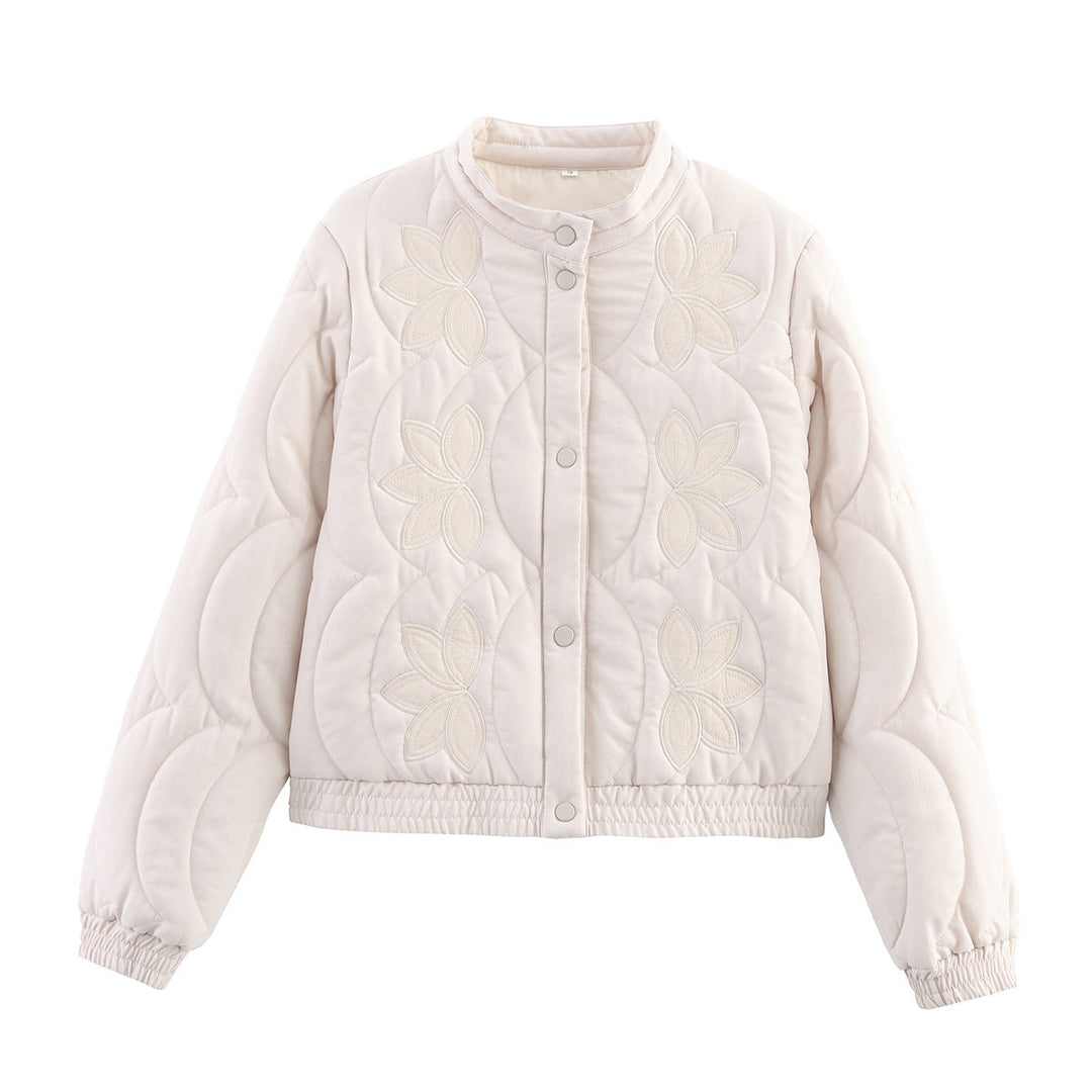 Women Short Quilted Blouson with Floral Quilted Application, Stand-up Collar and Elastic Waistband