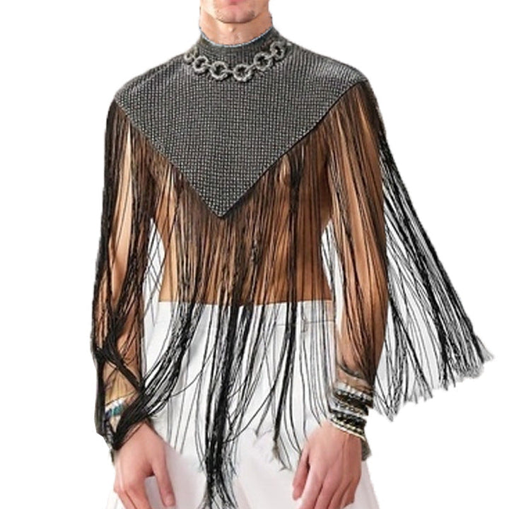 Ladies long fringed cape with turtleneck and V-shaped insert
