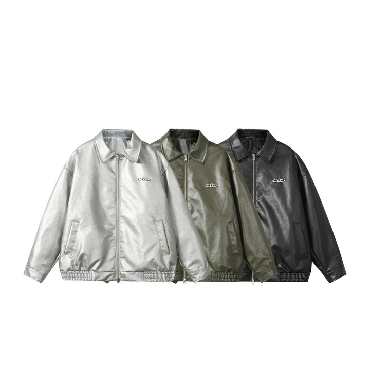 Ladies Oversize Smooth Leather Look Blouson Jacket with Elastic Hem and Metal Logo