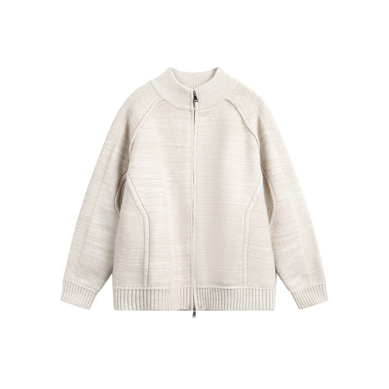 Unisex Thick Knit Zip Jacket with High Stand-Up Collar and Two-Way Zip