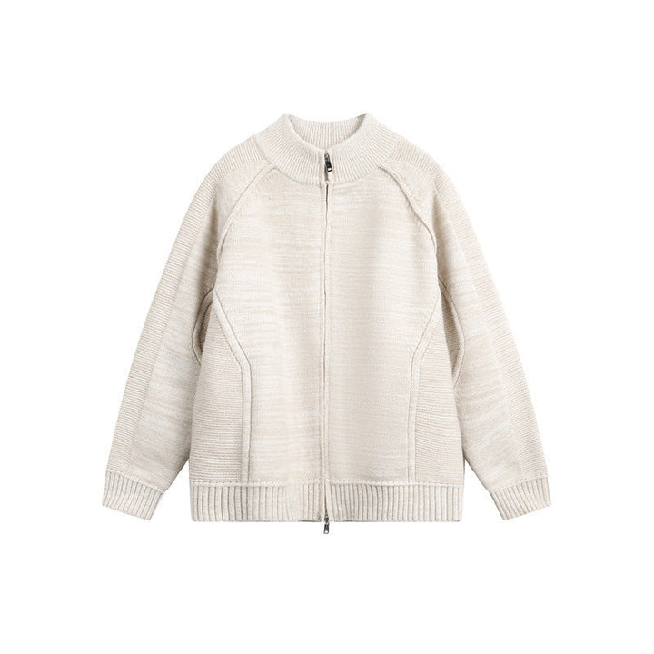 Unisex Thick Knit Zip Jacket with High Stand-Up Collar and Two-Way Zip