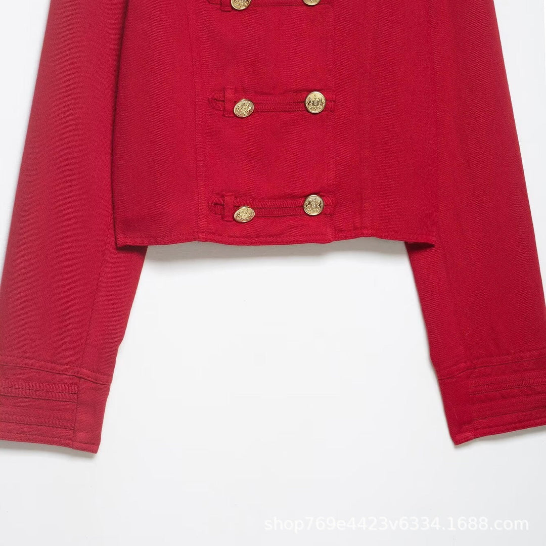 Women Short Military Jacket in Cropped Cut with Stand-up Collar and Golden Decorative Buttons