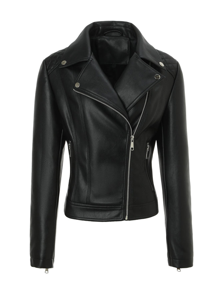 Women tailored biker leather jacket with quilted shoulders and asymmetric zip