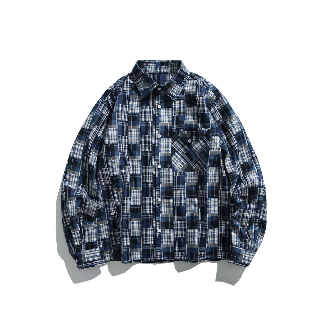 Unisex Patchwork Check Shirt Jacket in Oversize Boxy Cut with Chest Pocket and Kent Collar