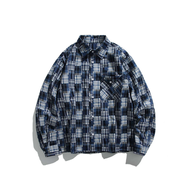 Unisex Patchwork Check Shirt Jacket in Oversize Boxy Cut with Chest Pocket and Kent Collar