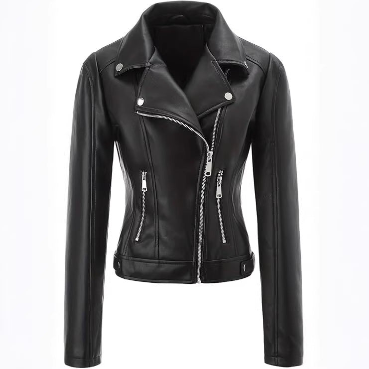 Women short fitted biker jacket made of Nappa leather with asymmetrical zip