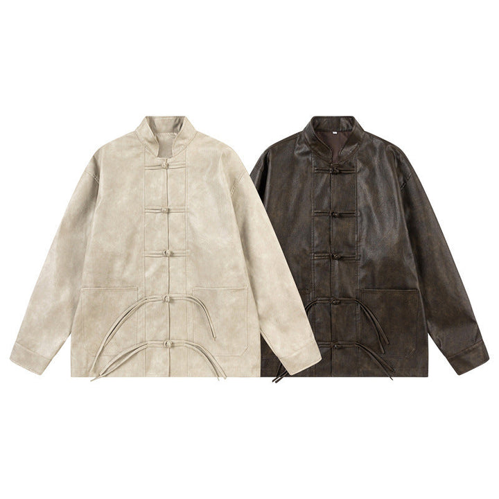 Unisex Asian inspired oversized jacket with mandarin collar and knot closures